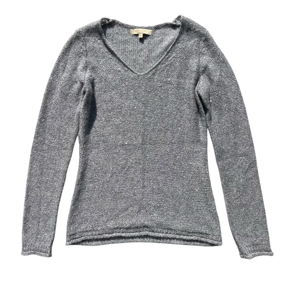 Silvia Novelli Sweaters - Silvia Novelli Women’s Med Gray Silver Sequins V-neck Mohair Blend Fuzzy Sweater
